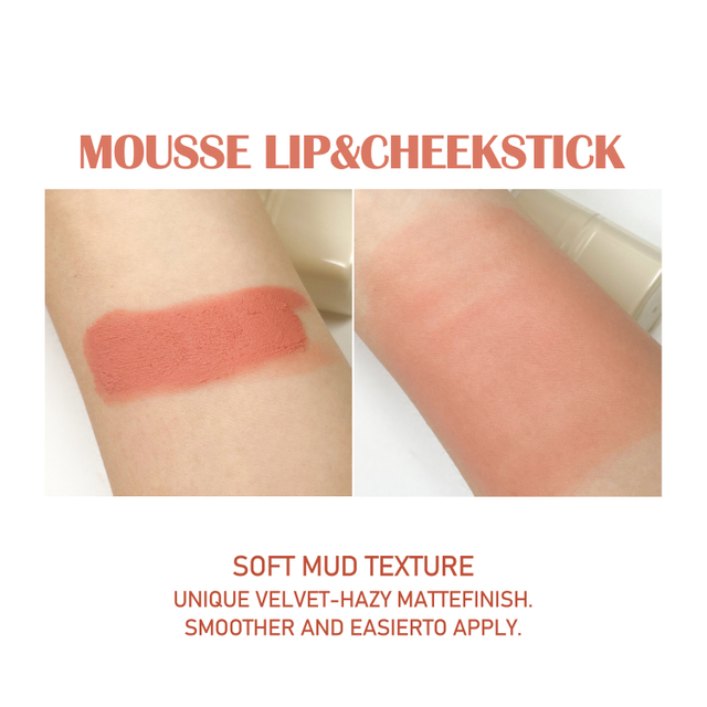Langtidsholdbar vegansk 2-i-1 Mousse Lip & Cheek Stick -, 